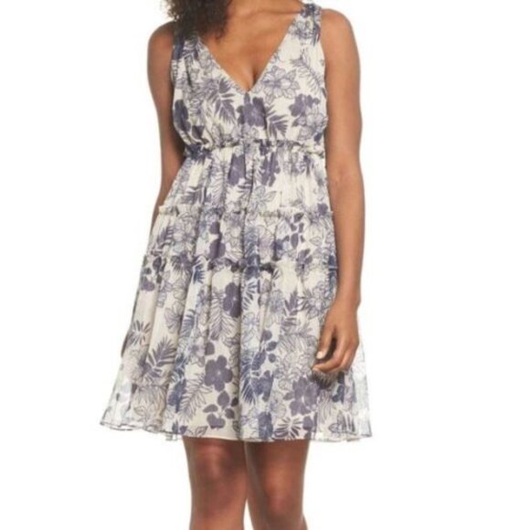Lenon Summer Dress Medium Beige Floral V-Neck Tiered Tie Back - Size S - Picture 1 of 8